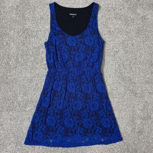Express Dress Womens Medium Blue Floral Lace Alt Fit Flare Party Cocktail